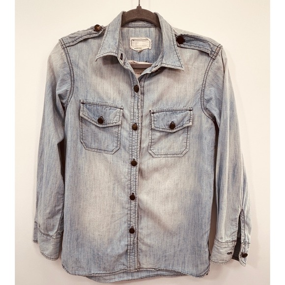 Current/Elliott The Perfect Shirt Sunfaded Chambray Button Down Shrunken Fit - Picture 2 of 9